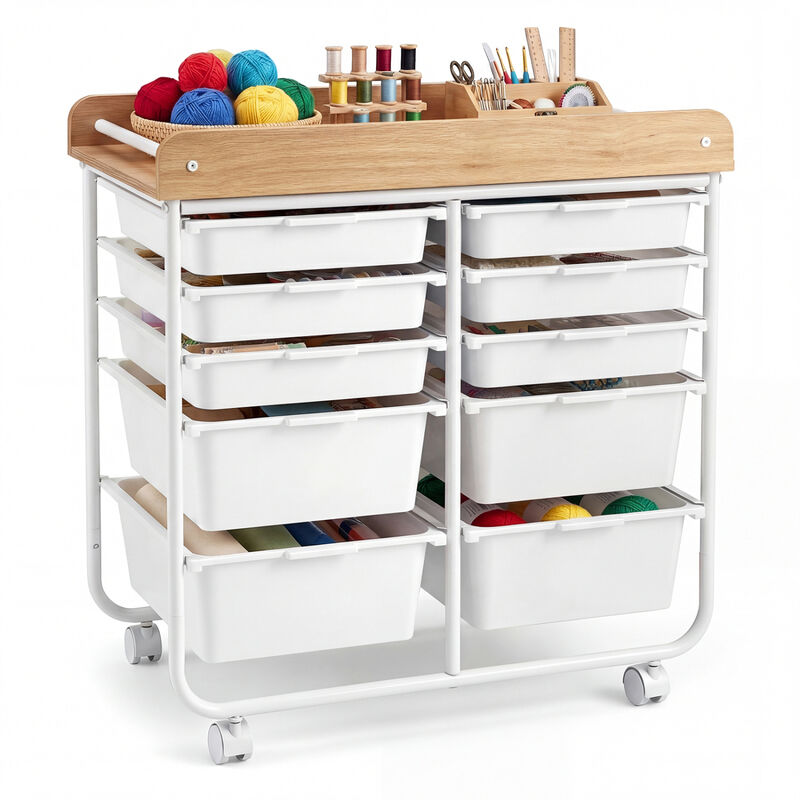 Office Rolling Storage Cart with 10 Drawers, Wooden Tabletop and Locking Wheels image number 4