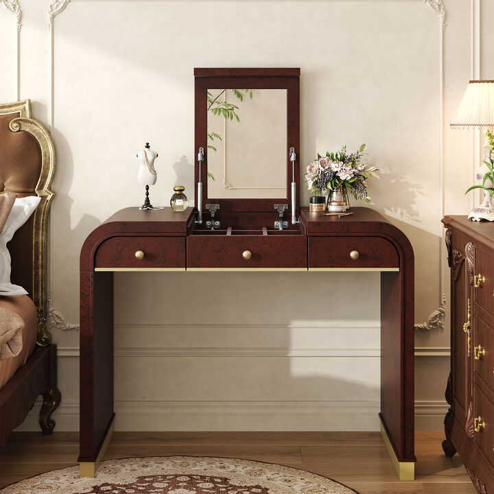 Whisen 38.75" Vanity Desk with Flip Mirror, Glass & MDF 3-in-1 Dressing Table with 2 Drawers for Bedroom