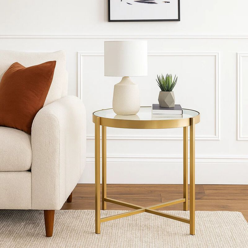 End Table with Round Glass Top and Metal Frame, Gold