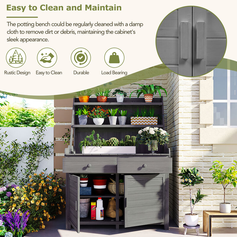 Garden Potting Bench with Storage Shelf, Drawer & Cabinet, Fir Wood Workstation