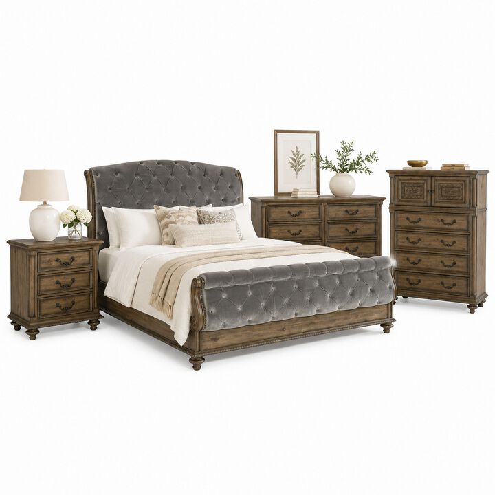 Queen Bedroom Set, Gray, Brown Wood, 4 Piece Set with Nightstand, Dresser, and Chest