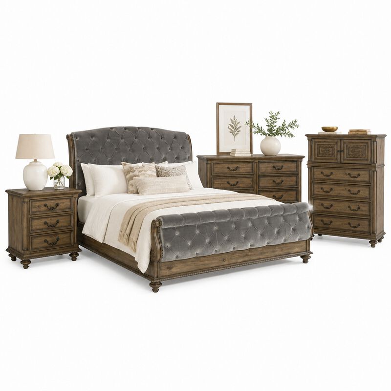 Queen Bedroom Set, Gray, Brown Wood, 4 Piece Set with Nightstand, Dresser, and Chest image number 0