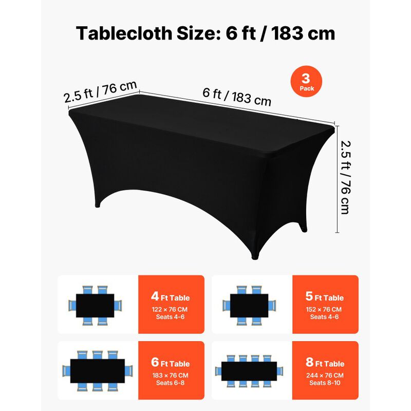 3 Pack Wrinkle-Resistant Spandex Tablecloths, Fitted Rectangular Table Covers for Banquets & Events-Stretch Black image number 2