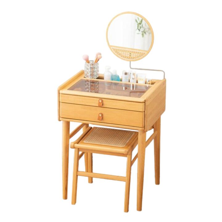 Hivvago Bamboo Makeup Vanity Table with Stool and Rotating Mirror