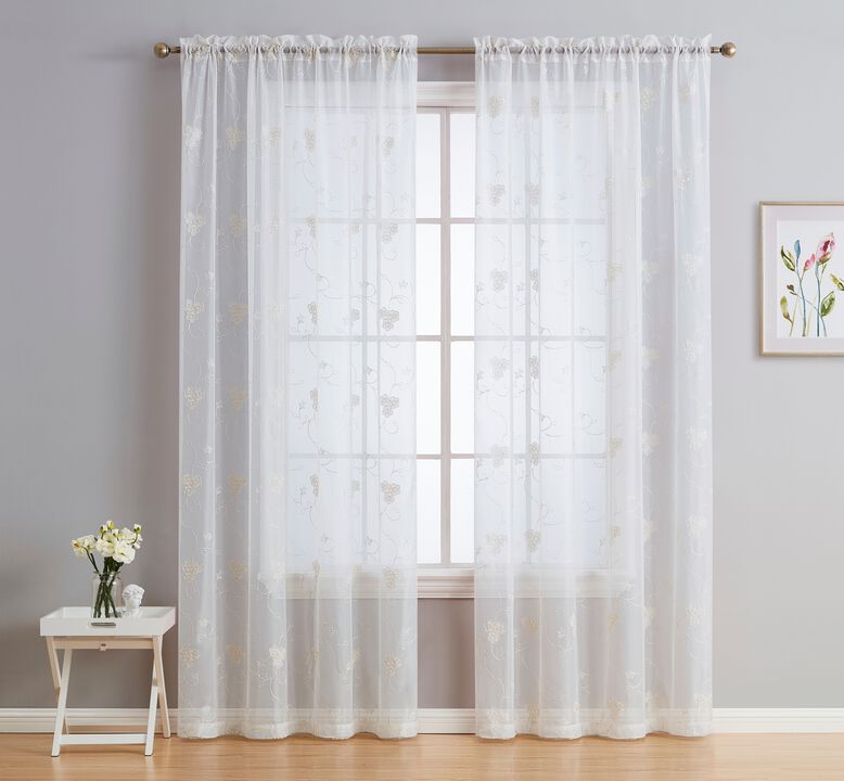 THD Savannah Floral Vine Embroidered Sheer Voile See Through Light Filtering Window Curtain Drapery Rod Pocket Top Panels for Bedroom & Living Room, Set of 2