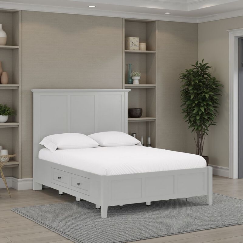 Fritz Queen Size Storage Bed, Three Panel, Beveled Top, Light Gray Wood - Benzara
