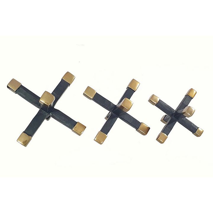 3 Piece Modern Accent Tabletop Decorations, X Shaped Jacks, Black, Gold - Benzara