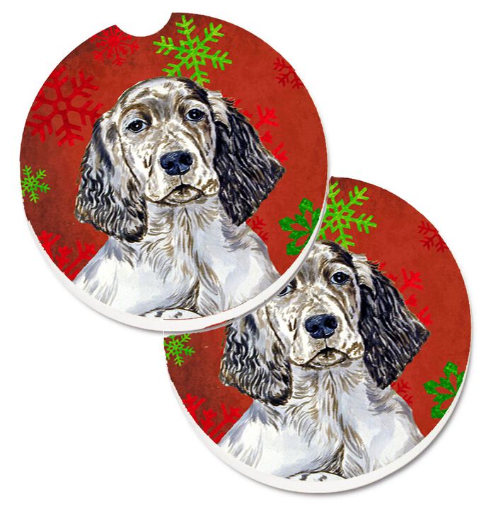 Caroline's Treasures English Setter Red & green Snowflakes Holiday Christmas Set of 2 Cup Holder Car Coasters LH9322CARC, 2.56, Multicolor
