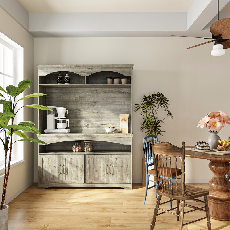 FUFU&GAGA Modern Sideboard Storage Cabinet with 4 Doors & Open Shelves, Antique Bronze Handles, Adjustable Shelves, Elevated Base, (53.7 in. W x 15.1 in. D x 70.9 in. H), Gray