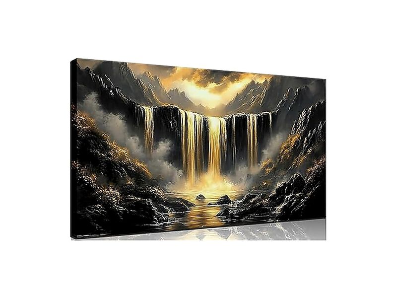 Black Gold Waterfall Canvas Wall Art Abstract Decor Mountain Posters Office Room image number 0