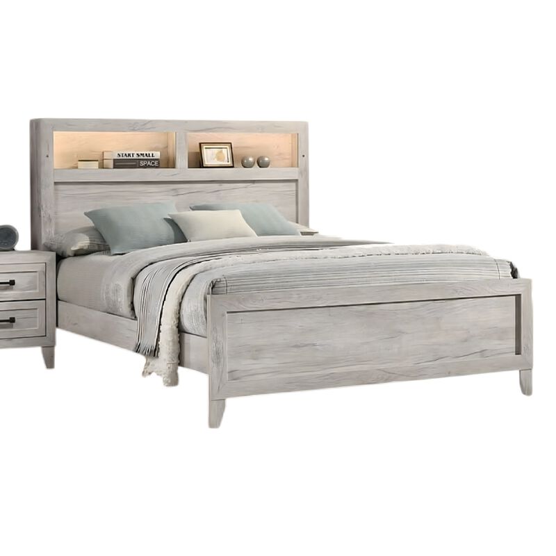 Miot 4pc Queen Bedroom Set, Headboard Shelves w Light, Whitewash image number 2