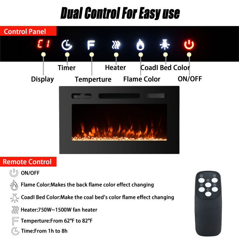 MONDAWE 30" Recessed Wall-Mounted Electric Fireplace 5000 BTU Heater with Remote Control
