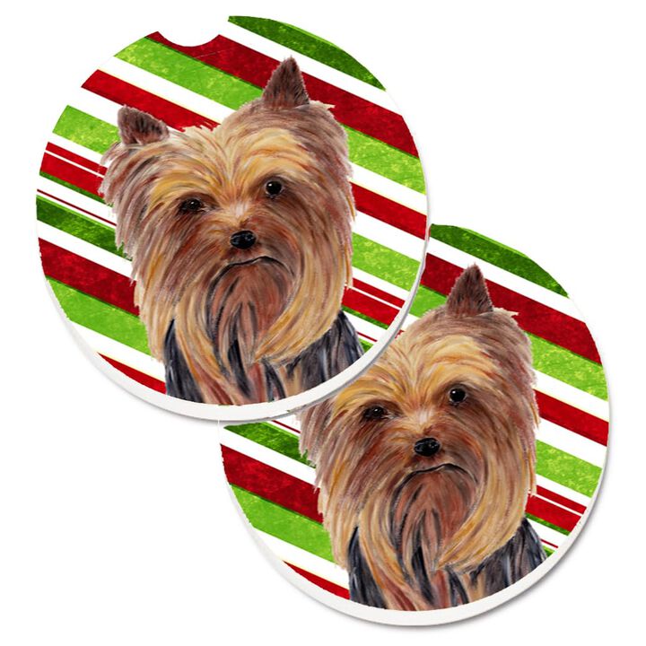 Caroline's Treasures Yorkie Candy Cane Holiday Christmas Set of 2 Cup Holder Car Coasters SC9325CARC, 2.56, Multicolor