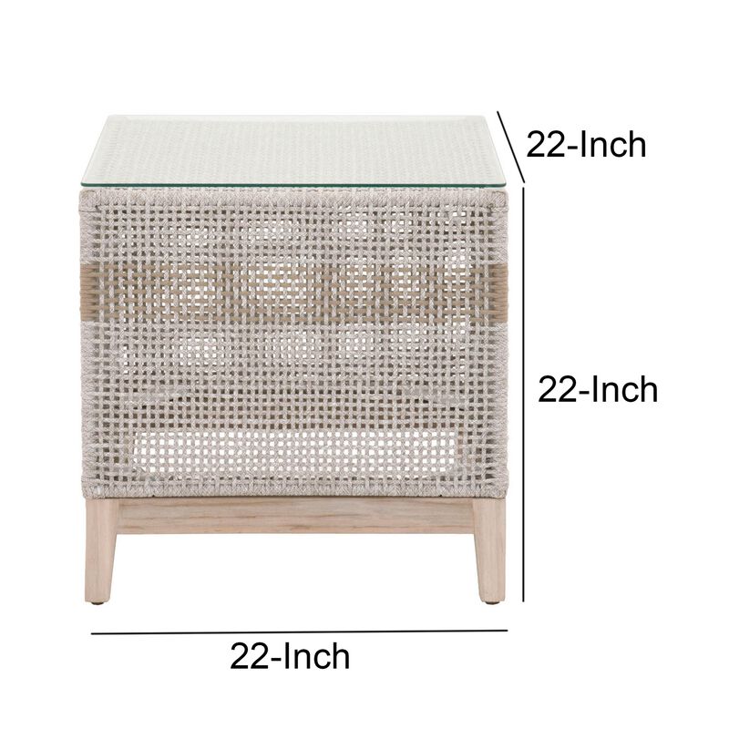 Glass Top End Table with Interwoven Rope Design Frame, Gray and Brown-Benzara