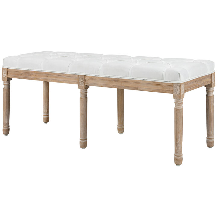 HOMCOM End of Bed Bench, French Vintage Style Linen-Feel Upholstered Bench with Button Tufted, Thick Padding and Wood Legs, 46" Bedroom Bench for Hallway, Living Room, Cream White