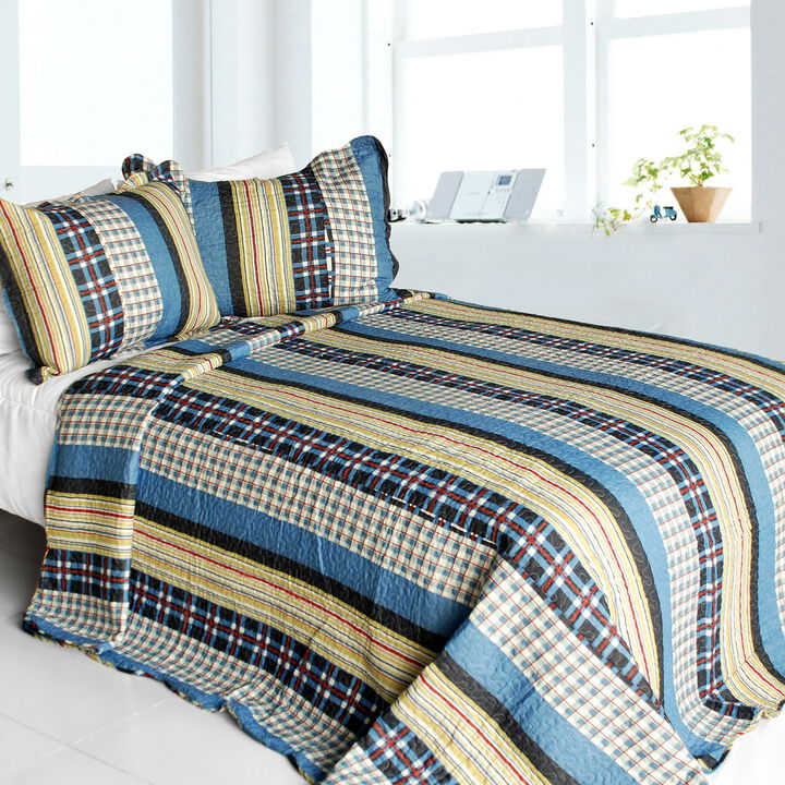 3-Piece Cotton Vermicelli Quilted Striped Printed Quilt Set with Matching Shams