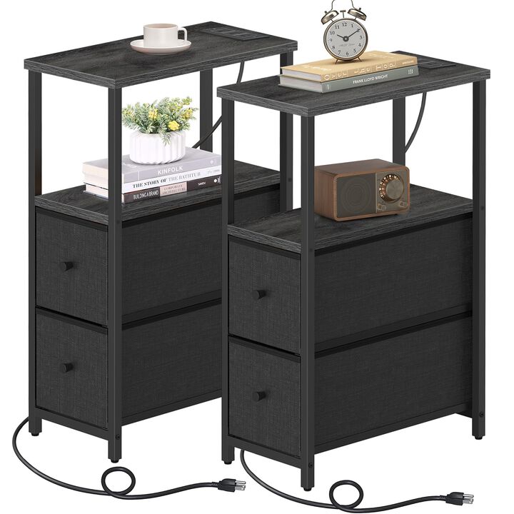 TUTOTAK Small Narrow End Table with Charging Station, Set of 2, Side Table with Outlets, Nightstand with 2 Cloth Drawers, Couch