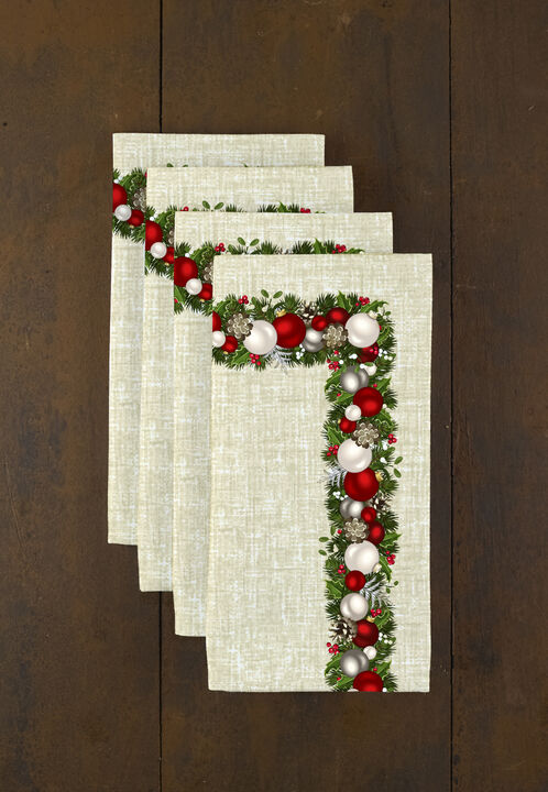 Fabric Textile Products, Inc. Napkin Set, 100% Polyester, Set of 4, Textured Christmas Garland Border