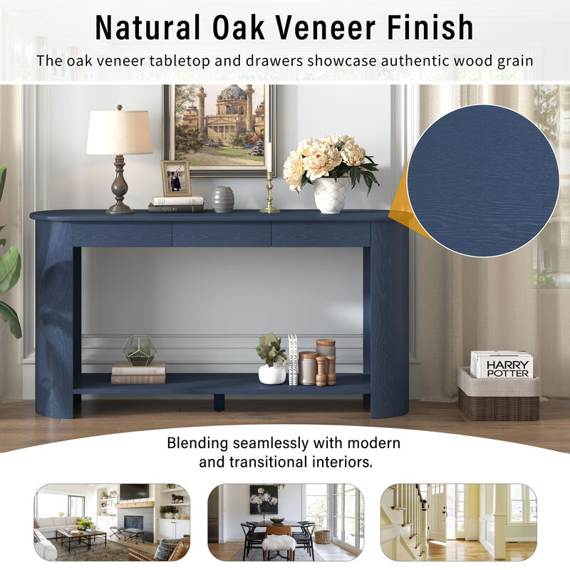 Whisen 59.8" Console Table, Modern Farmhouse with 3 Drawers & Shelf, Oak Veneer Sofa Table for Entryway Living Room Hallway image number 7