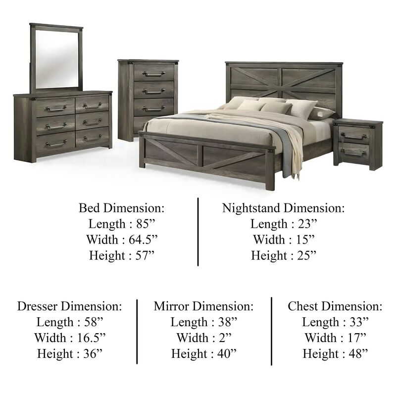 Bry 5pc Farmhouse Queen Complete Bedroom Set, Rustic Gray, Tall Dresser image number 5