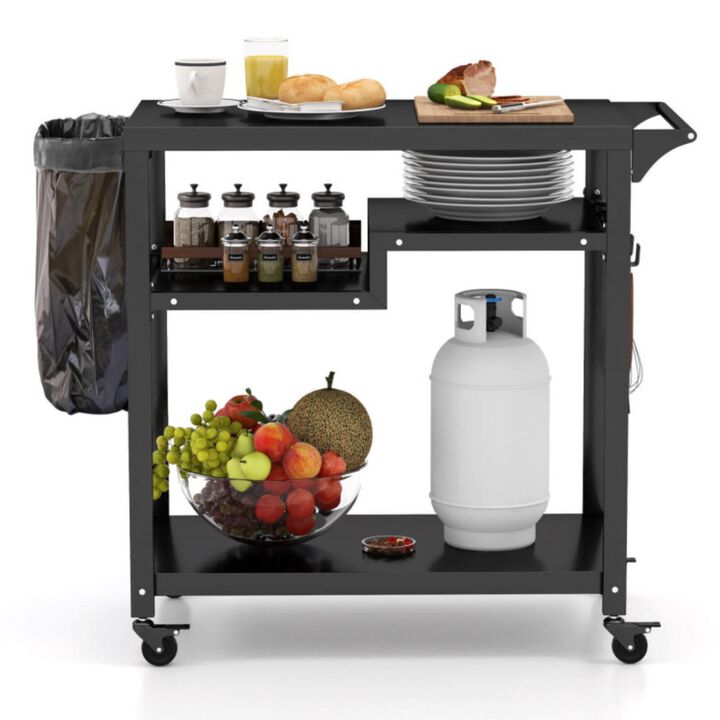 Hivvago Rolling Grill Cart 3-Shelf BBQ Cart with Hooks and Side Handle-Black