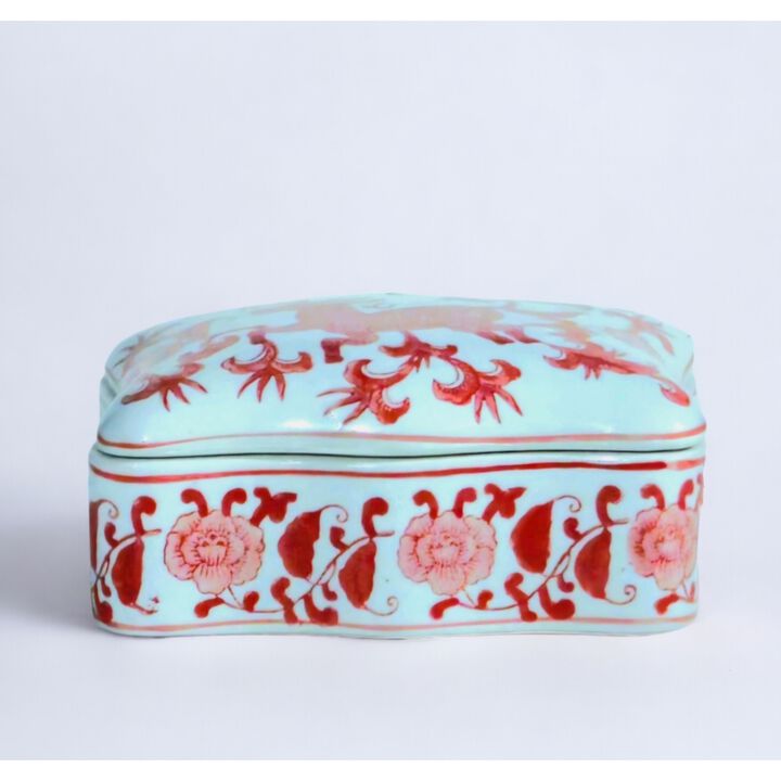 Aai Lidded Box, Chinoiserie Deer Design, Red And White