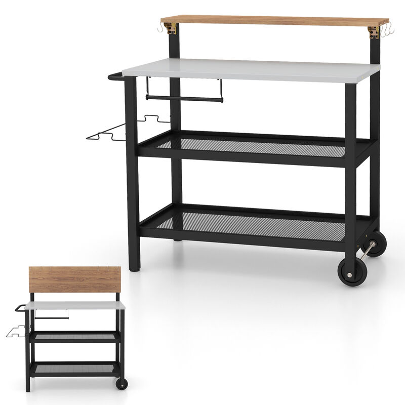 Rolling Bar Cart with Flip-up Table and Hooks for Kitchen