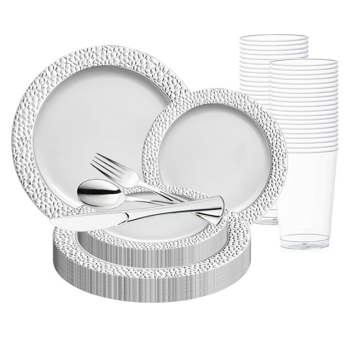 White with Silver Hammered Rim Round Plastic Wedding Value Set (30 Sets)