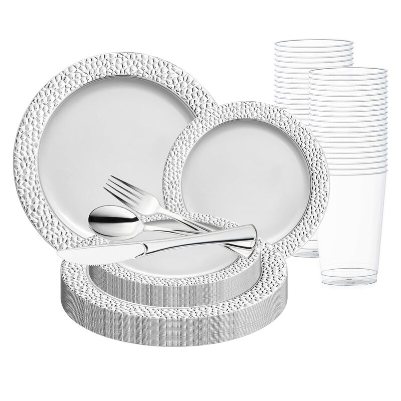 White with Silver Hammered Rim Round Plastic Wedding Value Set (30 Sets) image number 0