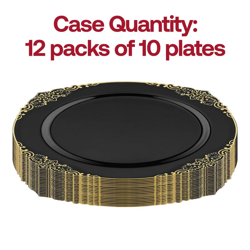 10.25" Black with Gold Fancy Round Plastic Dinner Plates (120 Plates) image number 3