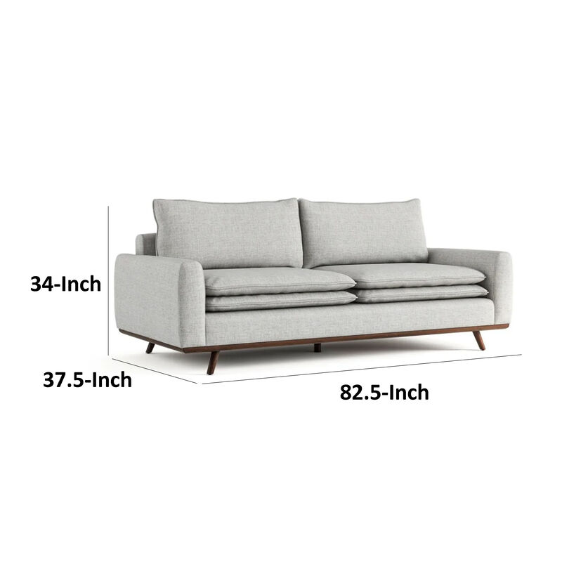 Yaana Sofa with Feather Blend Pillows, Dark Brown Wood, Gray 83 Inch - Benzara