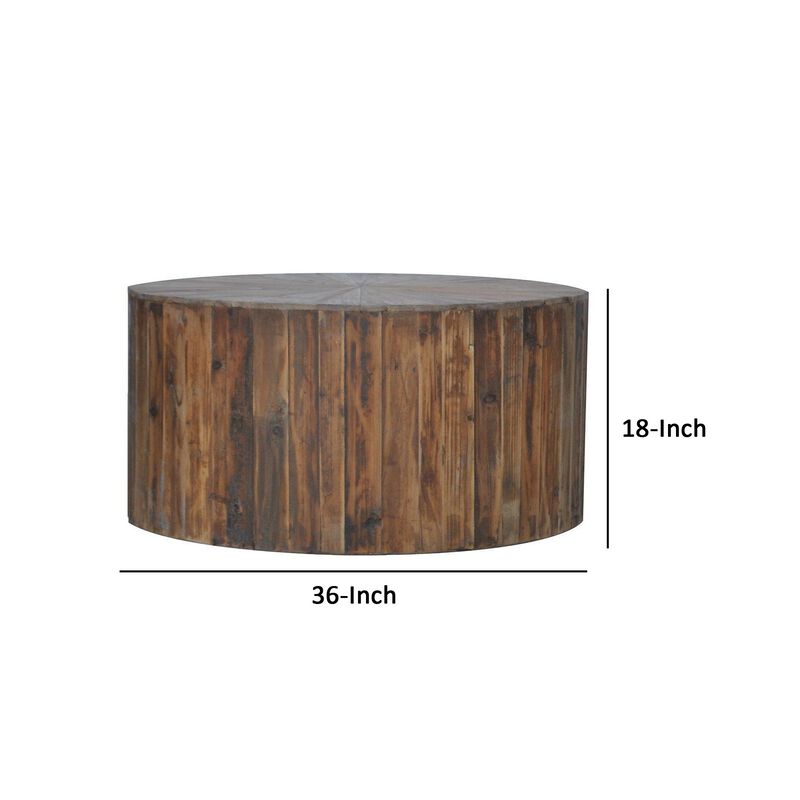 36 Inch Round Drum Coffee Table, Classic Plank Design, Rustic Brown Wood-Benzara