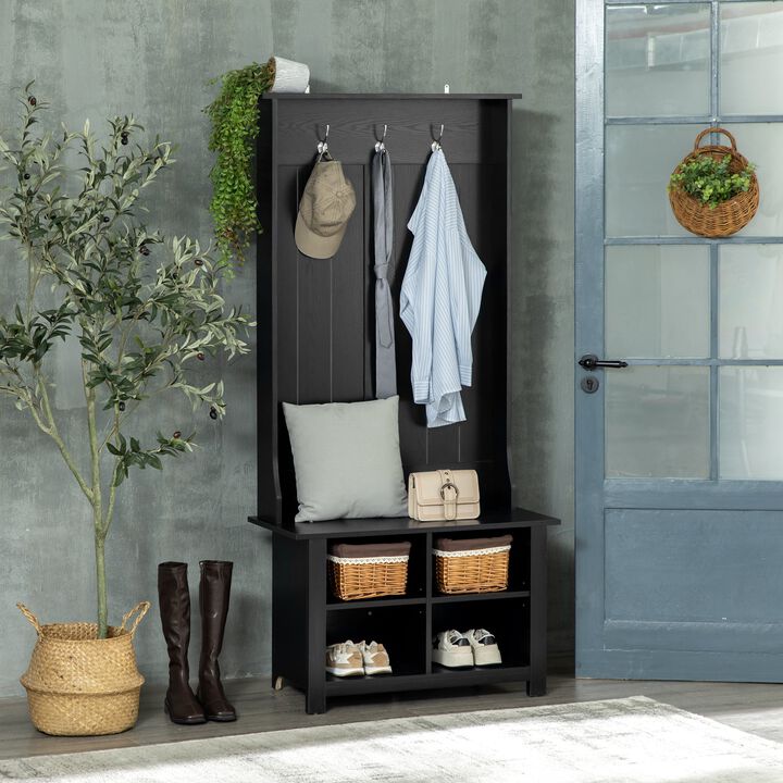 Classic Hall Tree, Accent Coat Tree with Shoe Storage Bench, Adjustable Shelves, 31.5" x 15.5" x 67.5", Black
