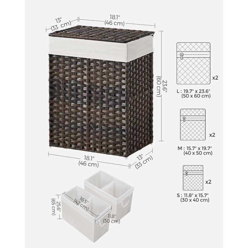 Hivvago Brown PP Rattan 24-Gal Laundry Hamper Basket w/ 2-Compartment Washable Liner Bag