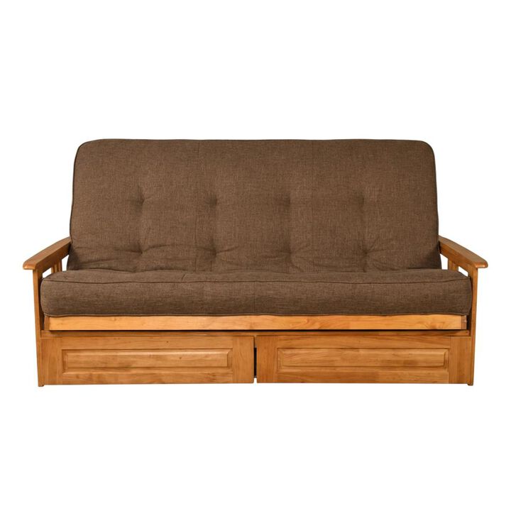 Phoenix Frame Queen-Butternut Finish-Linen Cocoa Mattress-Storage Drawers