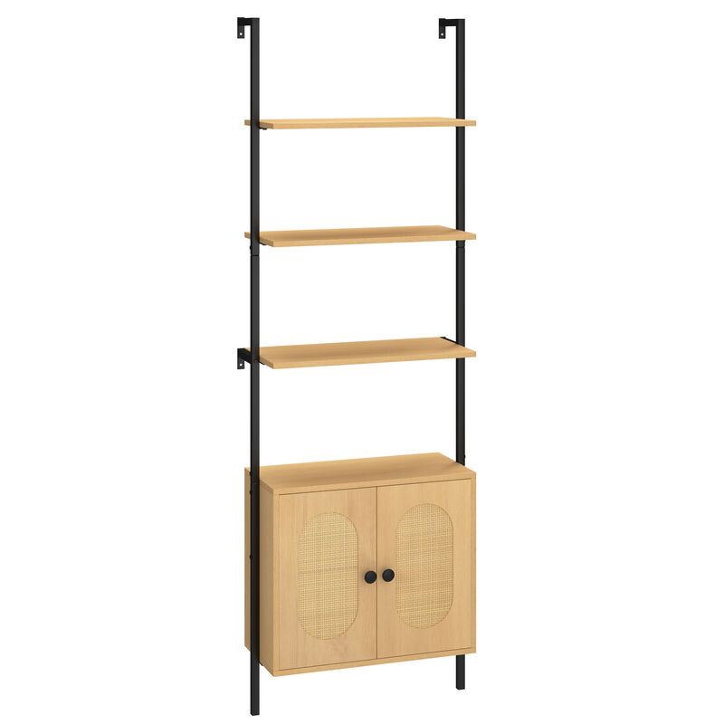 6-Tier Wall Mounted Ladder Bookshelf with Rattan Cabinet