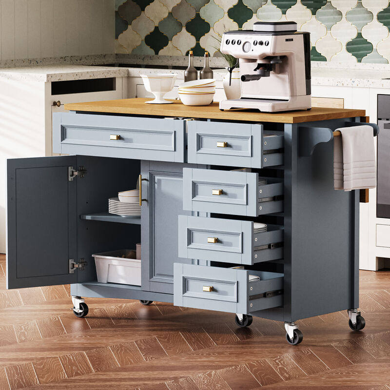Whisen 52" Kitchen Island with Drop Leaf, 5 Drawers & 2 Doors, MDF & Oak Veneer, Retro Farmhouse Style for Kitchen image number 2