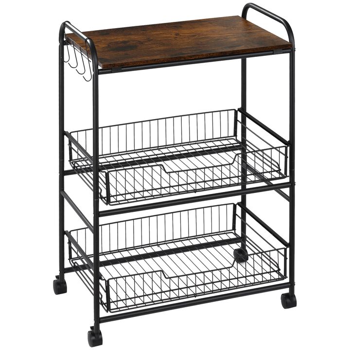 24" 3-Tier Rolling Kitchen Cart, Utility Storage Trolley with 2 Basket Drawers, Side Hooks for Dining Room, Brown