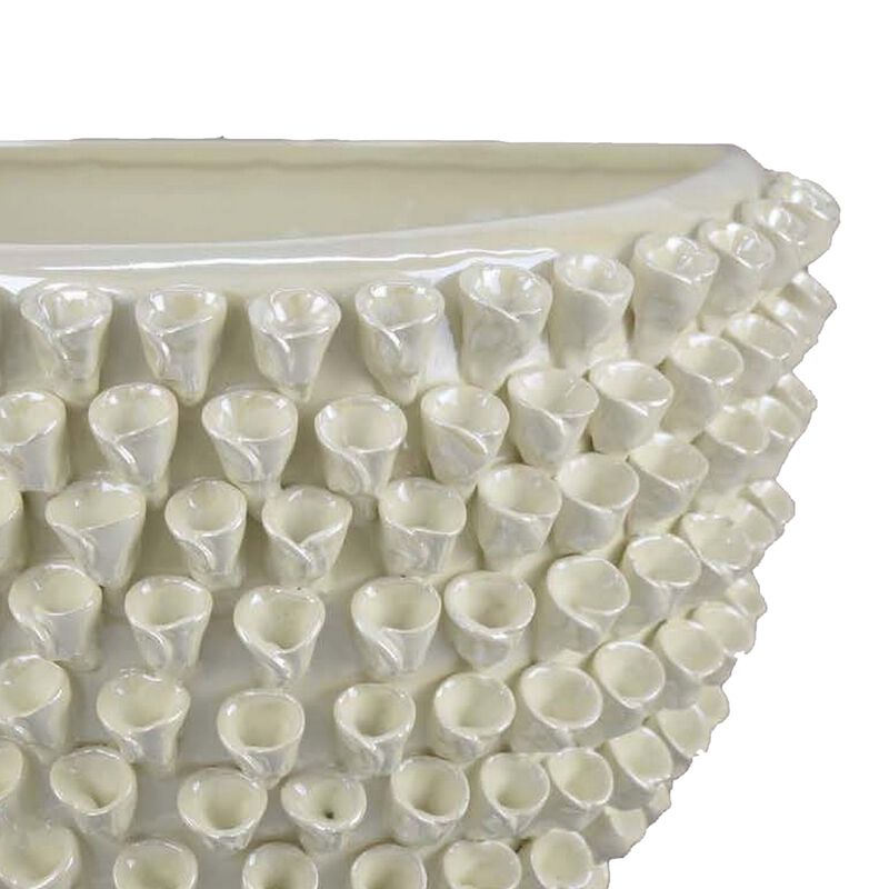 Modern Decorative Bowl, 3D Texture Embellished White Ceramic, 14 Inch - Benzara