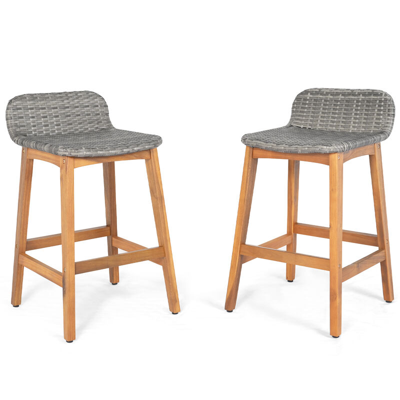 Set of 2 Solid Acacia Wood Bar Stools with Backrests and Footrests for Porch