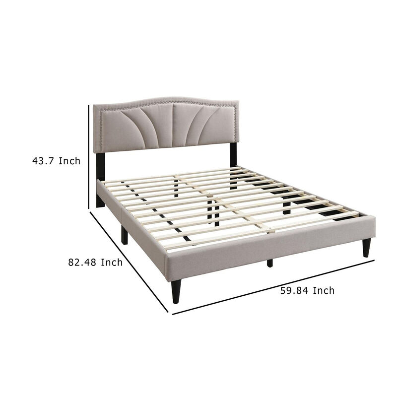 Reo Queen Size Bed, Light Brown Burlap Upholstered Curved Headboard - Benzara