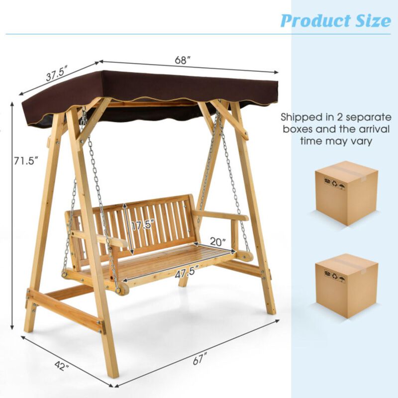 Hivvago Patio Wooden Swing Bench Chair with Adjustable Canopy for 2 Persons