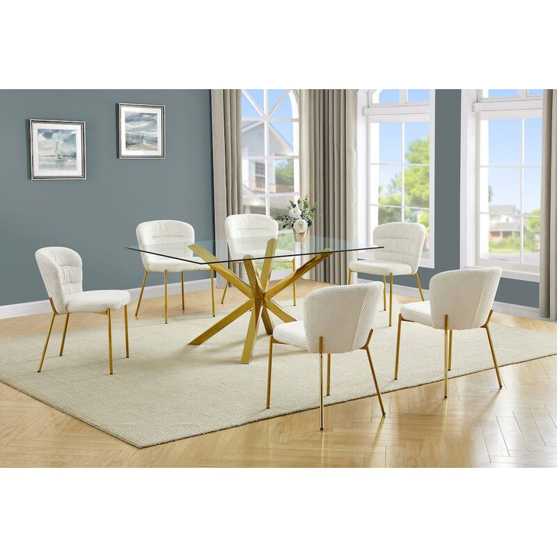 Best Quality Furniture Rectangle Tempered Glass Dining Table With 6 Cream Side Chairs