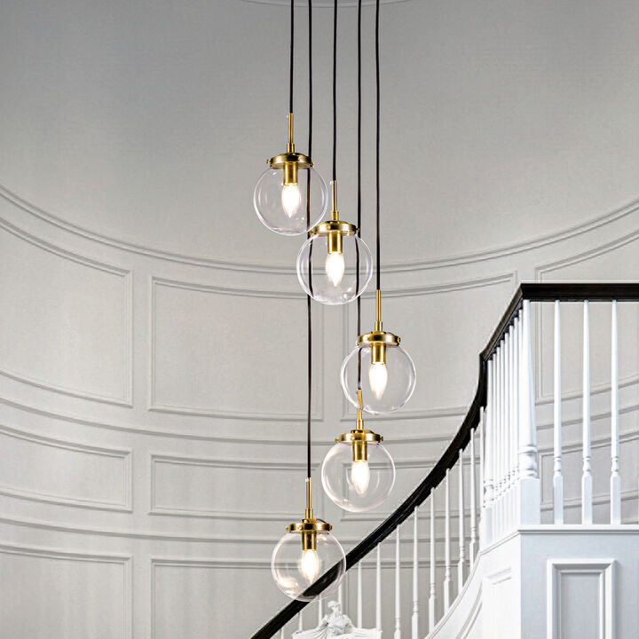 5-Light Antique Gold Staircase Modern Chandelier Foyer Pendant With Clear Globe Bubble Glass Accents