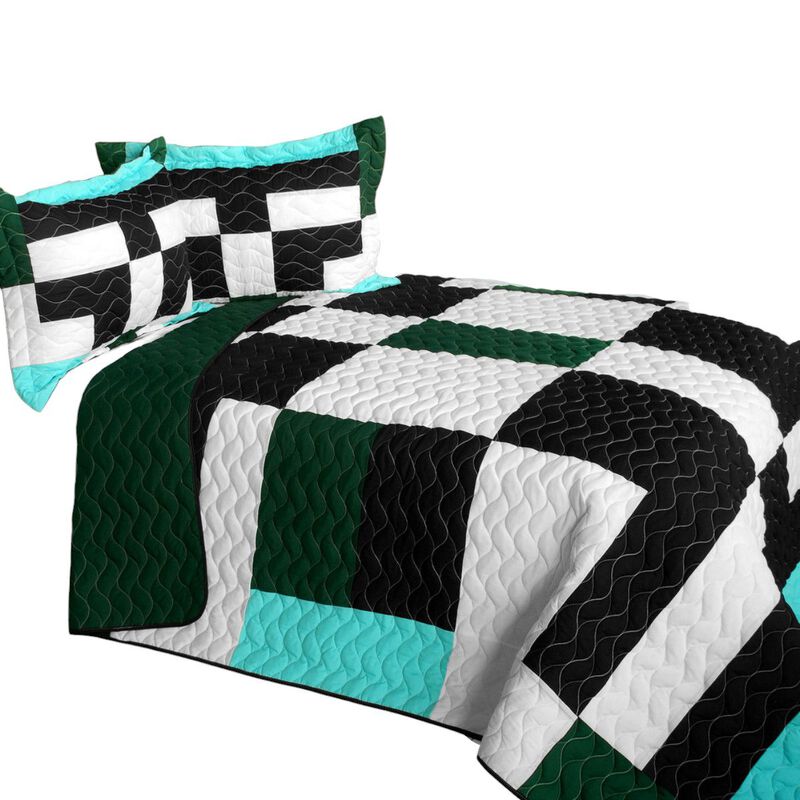 Queen Size 3 Piece Patchwork Quilt Set Pearl Turquoise Soft Bedspread Set image number 1
