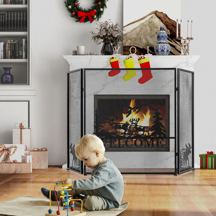 52 x 31 Inch Fireplace Screen with Chevron Herringbone Pattern