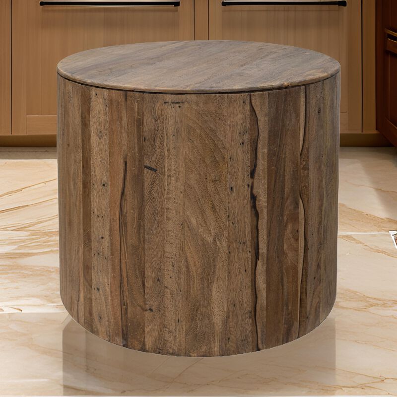 Eray Side End Table, 26 Inch Round Drum Top, Brown Solid Mango Wood image number 1