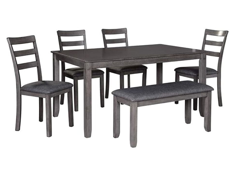 Dining Set &ndash; Bridson 6‑Piece Charcoal Gray Table with Bench & Upholstered Chairs