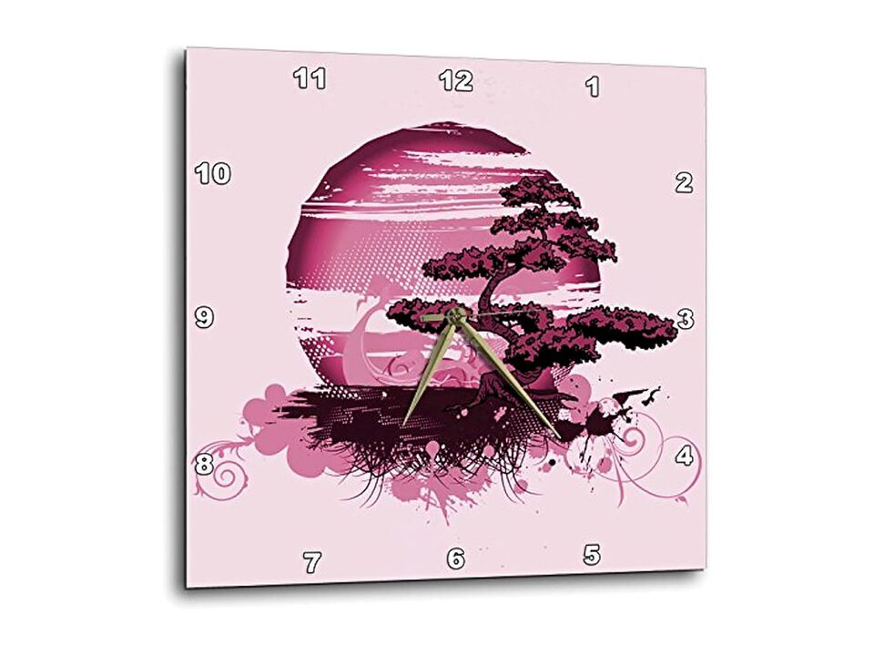 Asian Pink Tree Moon Wall Clock 13 Inch Home Decor