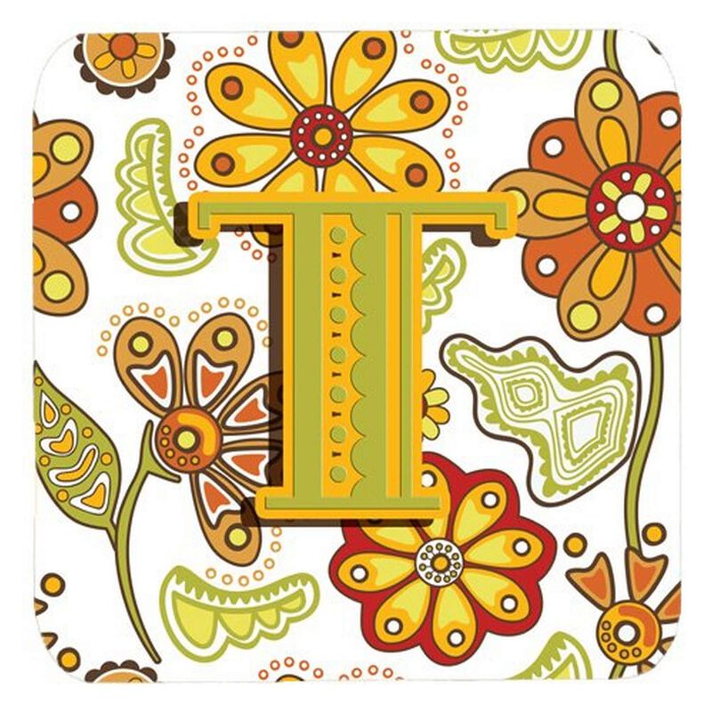 Caroline's Treasures CJ2003-TFC Letter T Floral Mustard and Green Foam Coasters (Set of 4), 3.5, Multicolor